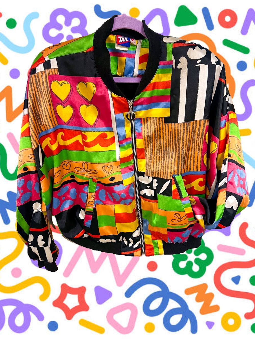 Vtg Tail funky rainbow hearts and shapes bomber jacket